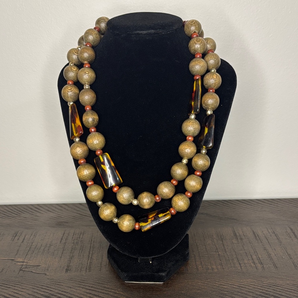Chunky Beaded Statement Necklace Brown Amber Neutral Tones